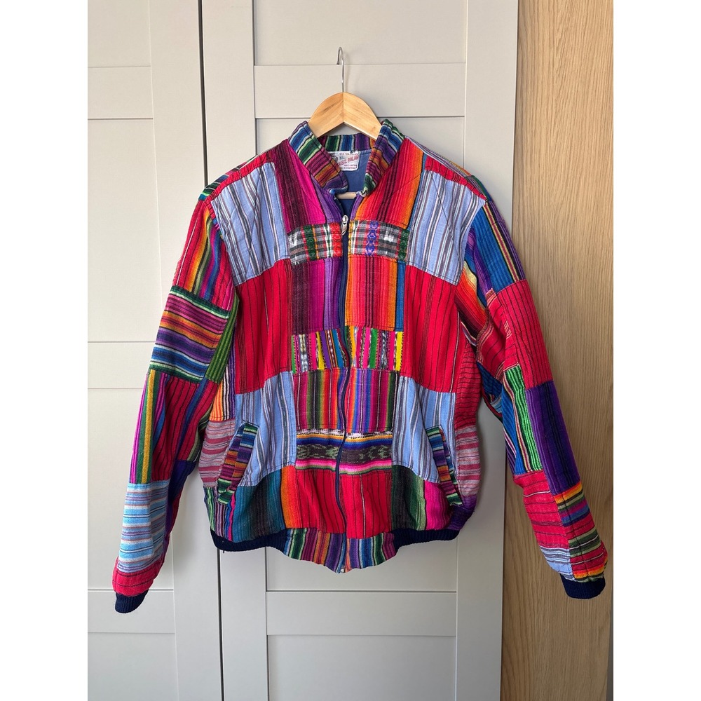 Vintage Kaibil Balan Guatemala Patchwork Cotton Zip Jacket Multi Color Stripe L